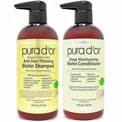 PURA D'OR Anti-Thinning Biotin Shampoo & Deep Moisturizing Conditioner Original Gold Label Set (16oz x2) Natural Earthy Scent, CLINICALLY TESTED Effective Results, DHT Blocker Thickening, Women & Men | Amazon (US)