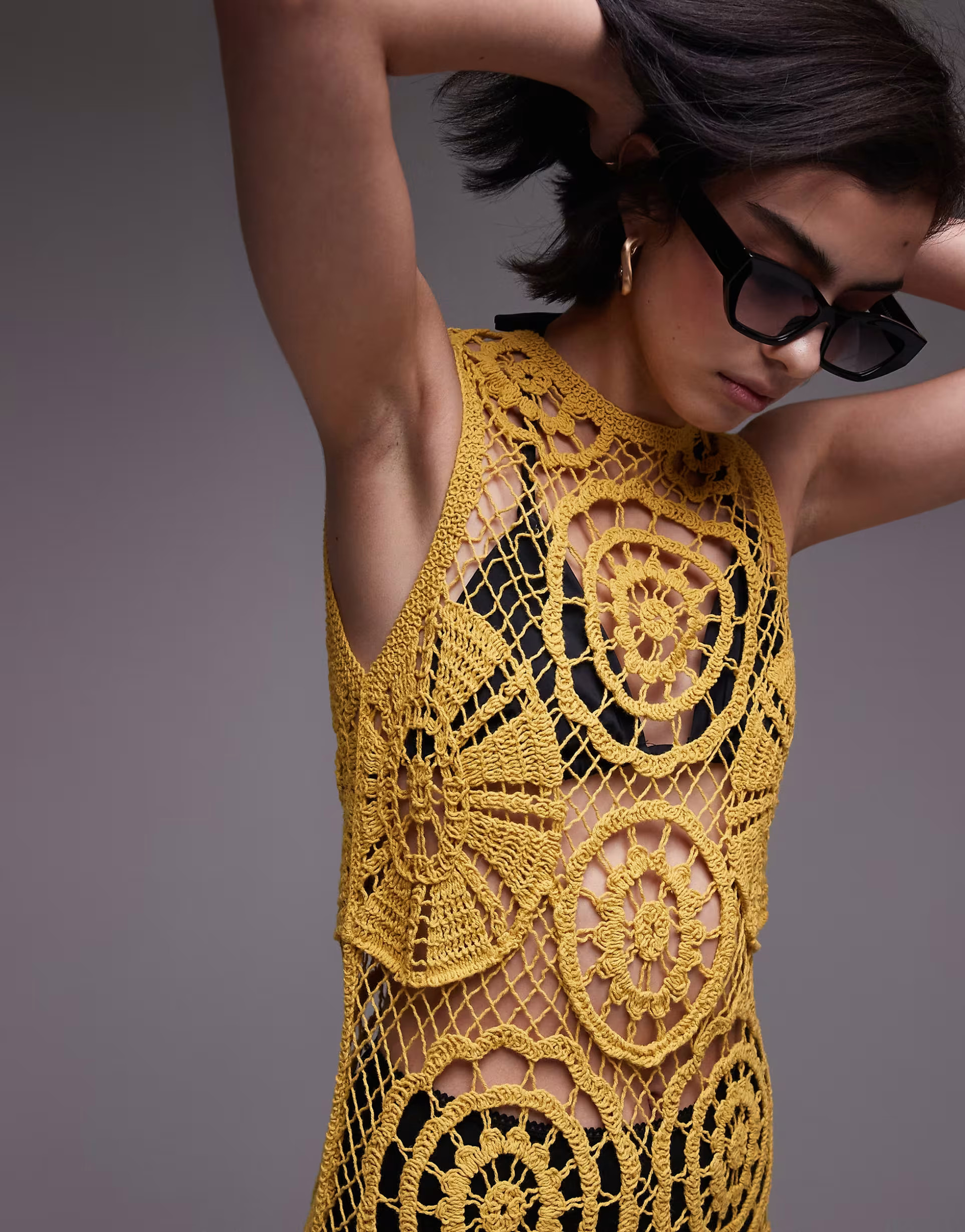 Topshop knitted crochet sleeveless maxi dress in mustard | ASOS | ASOS (Global)