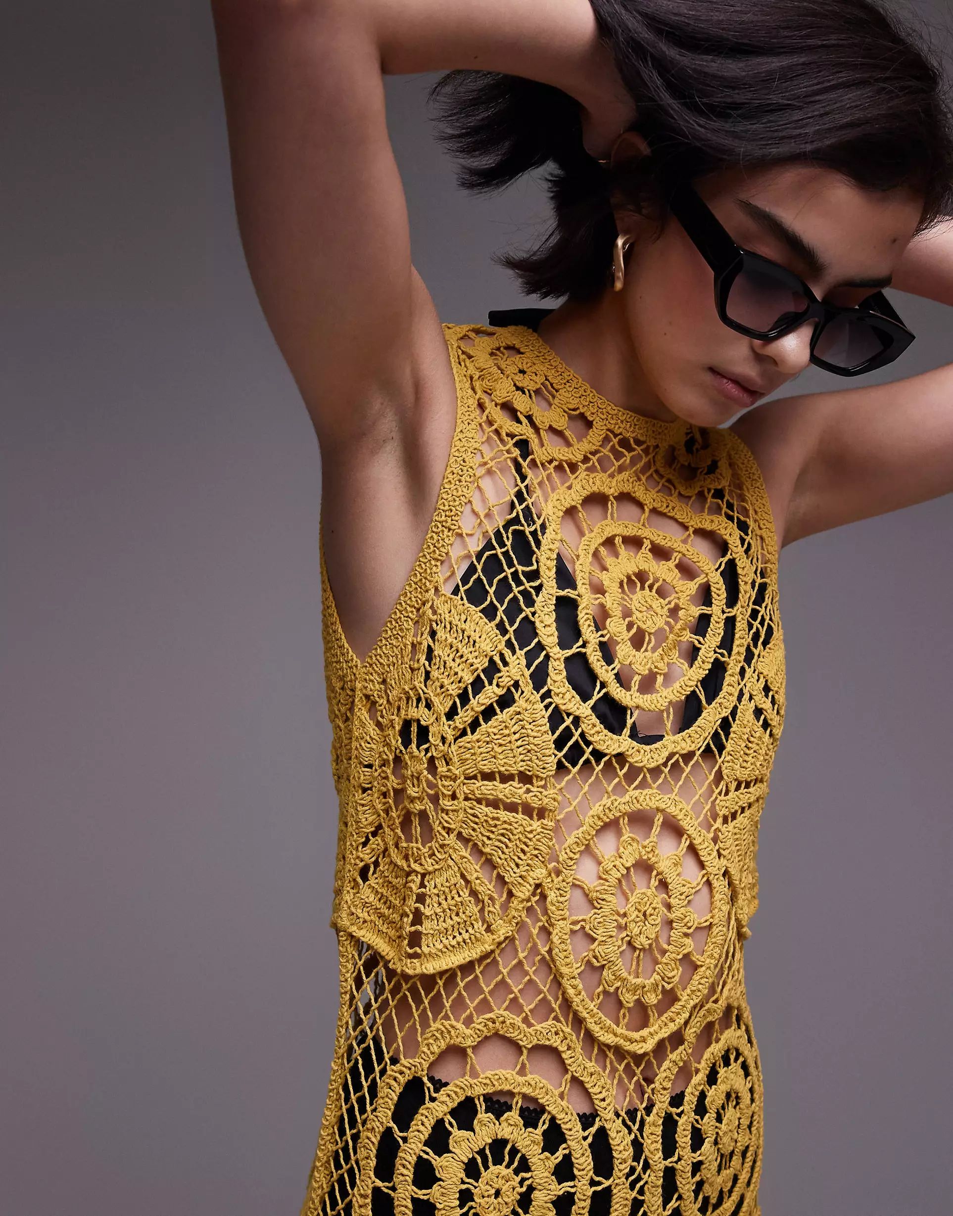 Topshop knitted crochet sleeveless maxi dress in mustard | ASOS | ASOS (Global)