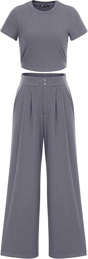 Pretty Garden Womens 2 Piece Summer Knit Short Sleeve Crop Tops Wide Leg Pants Tracksuit | Amazon (US)