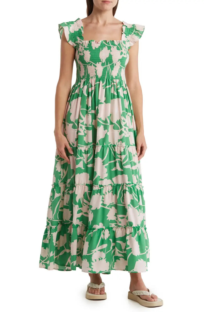 Smocked Ruffle Cap Sleeve Midi Dress | Nordstrom Rack