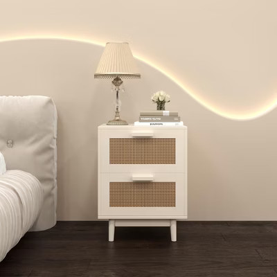 Rattan Nightstand with 2 Drawers, Wood Bedside Table with Faux Rattan Fronts, Storage End Table, Burly Wood | Target