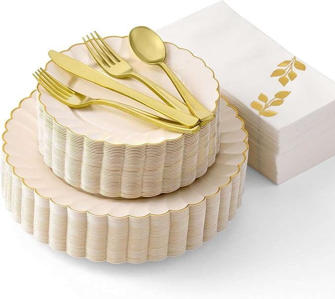 By Madee HIGH END 175 Pc Ivory Scalloped Plastic Plates with Gold Trim | Fancy Plastic Dinnerware... | Amazon (US)