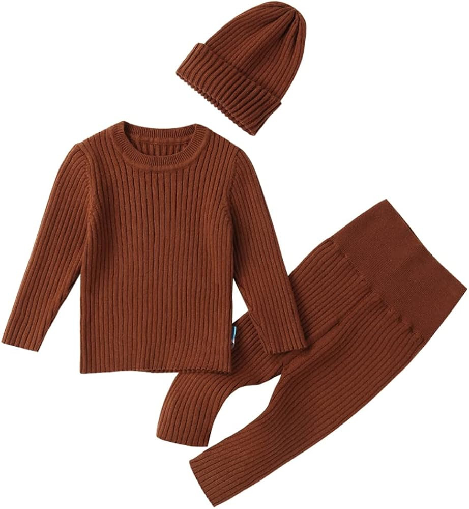 Baby Boys Girls Sweater Set Ribbed Elastic Knit Clothes Outfit Set Solid Tops High Waist Pants Ha... | Amazon (US)