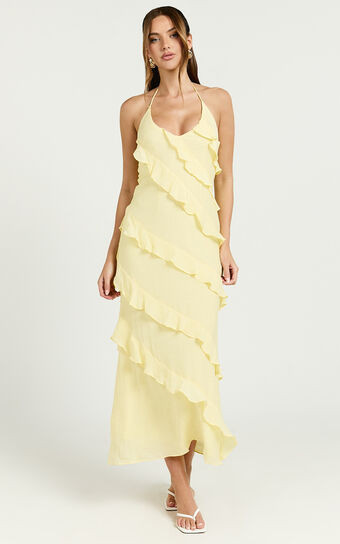 Brayden Midi Dress - V Neck Ruffle Dress in Lemon | Showpo (ANZ)