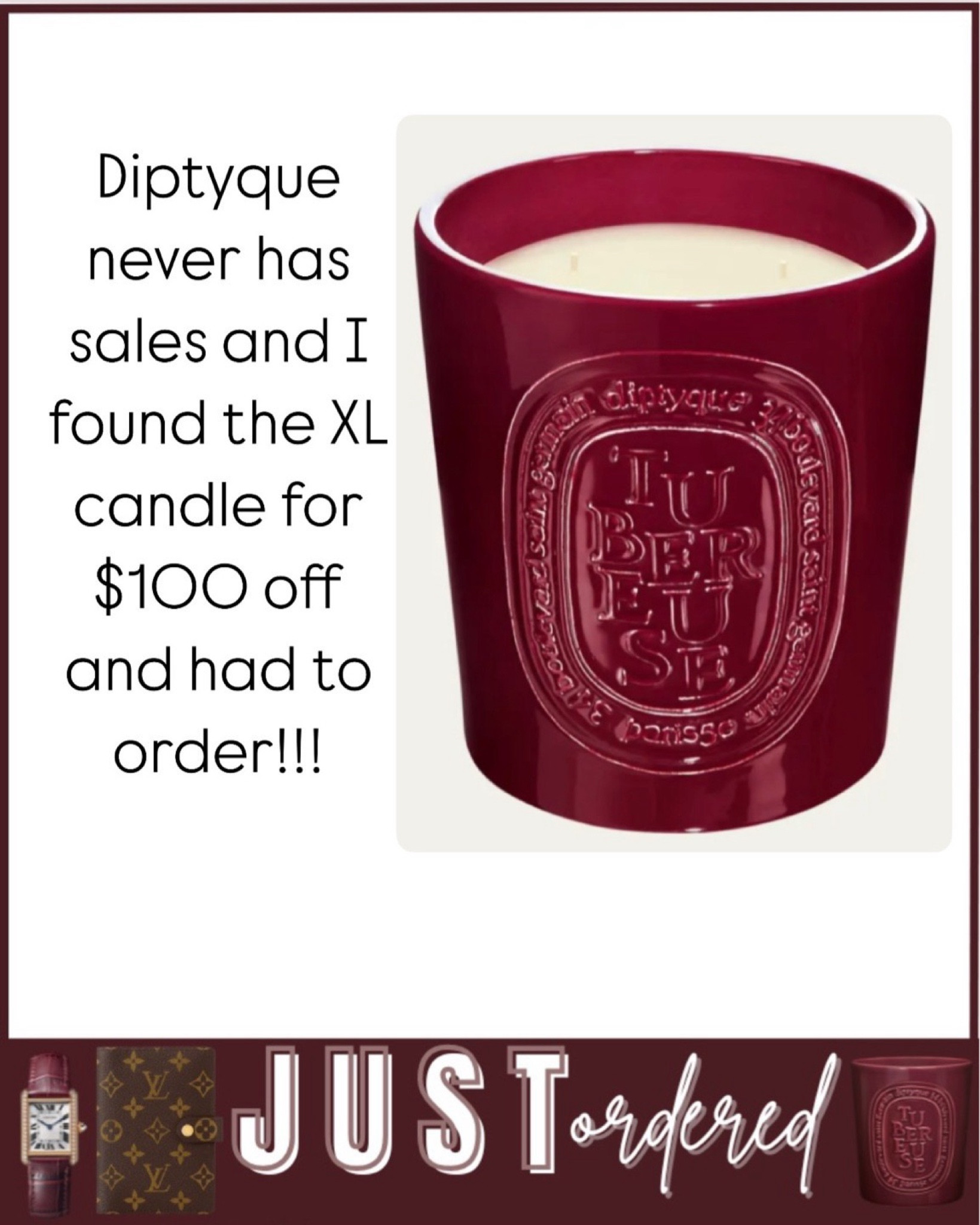Diptyque XL tuberose candle. Love the burgundy red color!!!



#LTKGiftGuide #LTKHome #LTKSeasonal