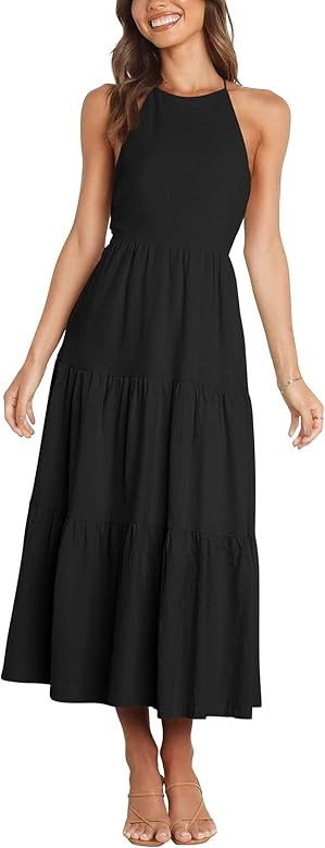 Liooil Women's Summer Casual Sleeveless Strappy Backless Tiered Maxi Dress Beach Flowy Ruffle Lon... | Amazon (US)