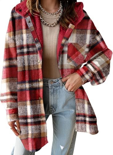 Dokotoo Women's Flannel Hooded Plaid 2026 Shacket Thick Coat Fleece Jacket | Amazon (US)