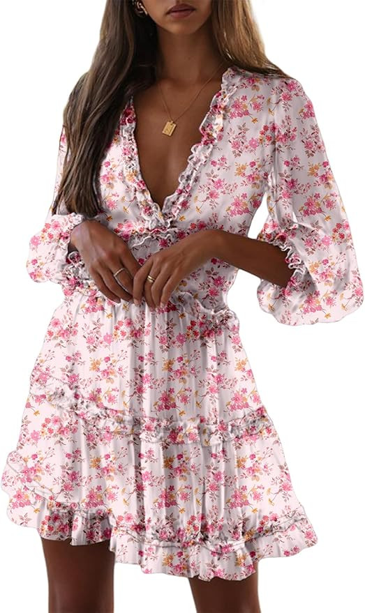 Dokotoo Womens 2025 Spring Summer Deep V Neck Long Sleeve Backless Ruffle Floral Flowy Mini Dress | Amazon (US)