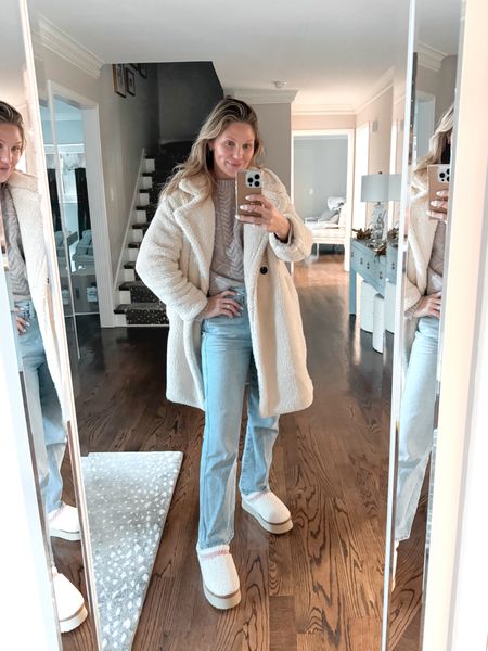 Sherpa season in full force! Wearing a small in top and size 26 in jeans. Uggs are Amazon dupe! 

Sherpa coat
Denim
Winter outfit 
Abercrombie 

#LTKfindsunder100 #LTKstyletip #LTKSeasonal