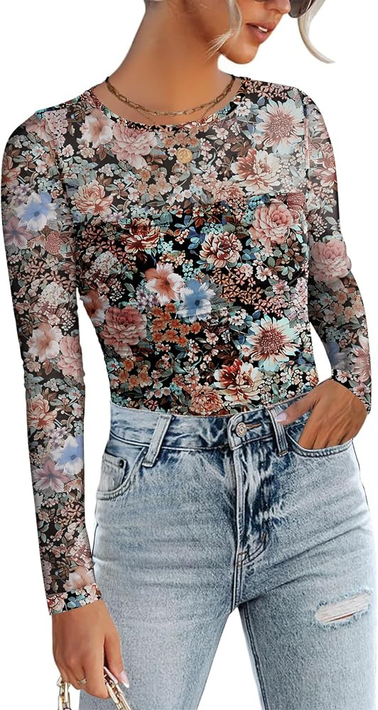 Zeagoo Long Sleeve Shirts for Women Sheer Mesh Sexy Blouses Going Out Tops | Amazon (US)