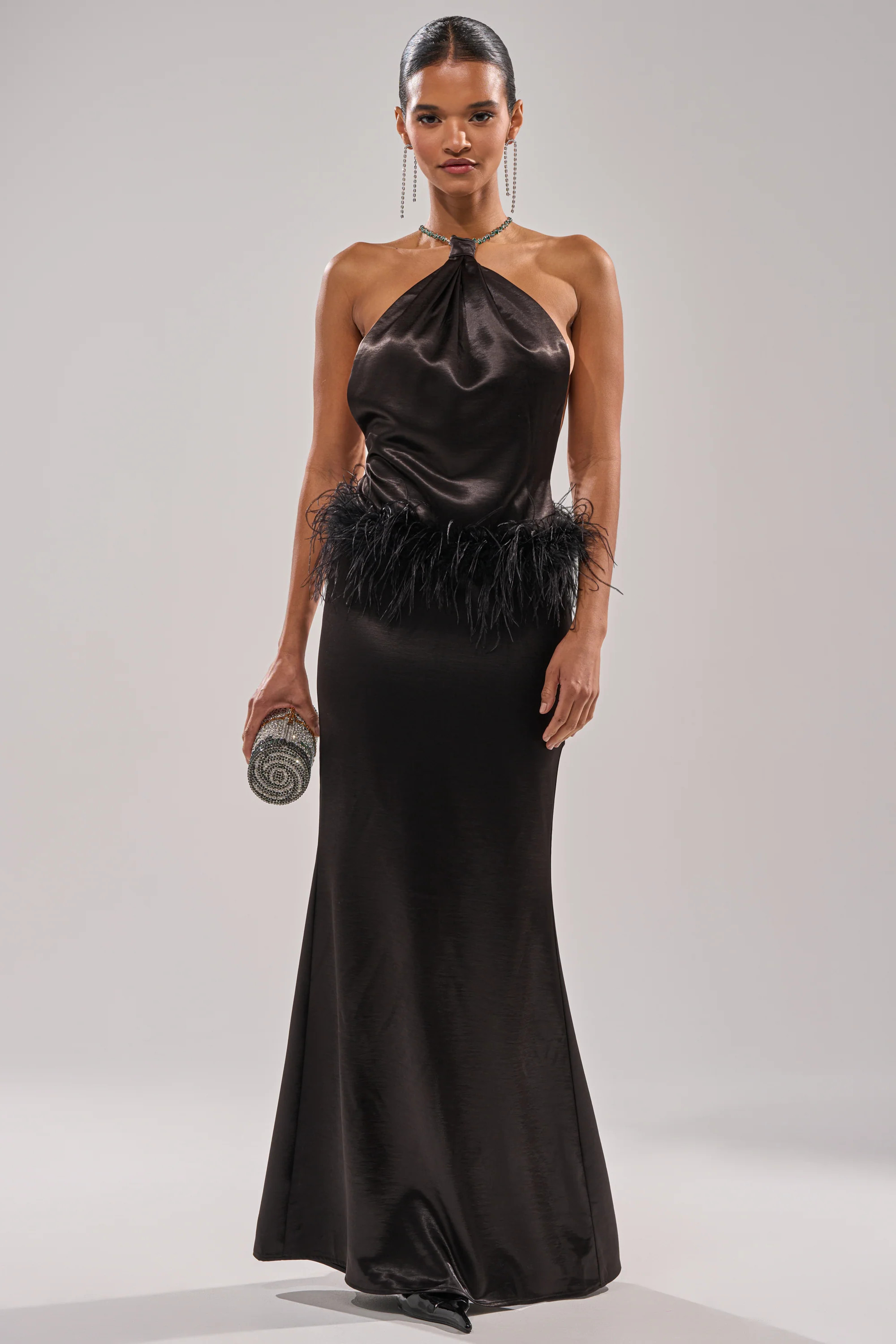 WHO IS SHE SATIN FEATHER MAXI DRESS IN BLACK | AKIRA