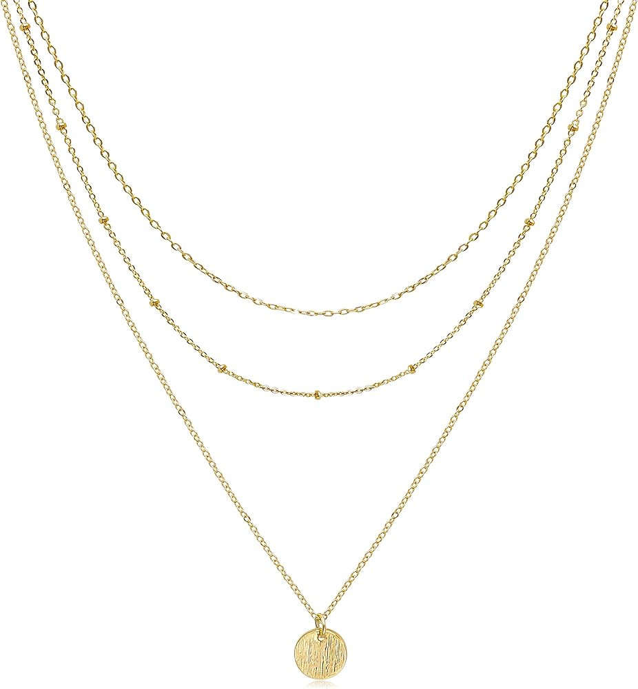 Aisansty Layered Choker Necklace Pendant Disc Bar Handmade 14K Gold Plated Dainty Satellite Pearl... | Amazon (US)