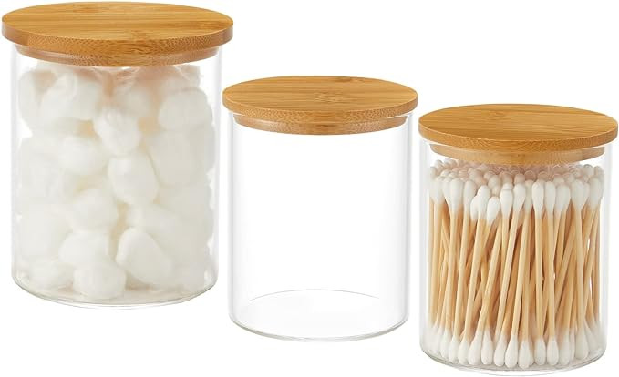 3 Pack Glass Qtip Holder Dispenser, 20 oz and 11 oz Clear Glass Apothecary Jars, Bathroom Vanity ... | Amazon (US)