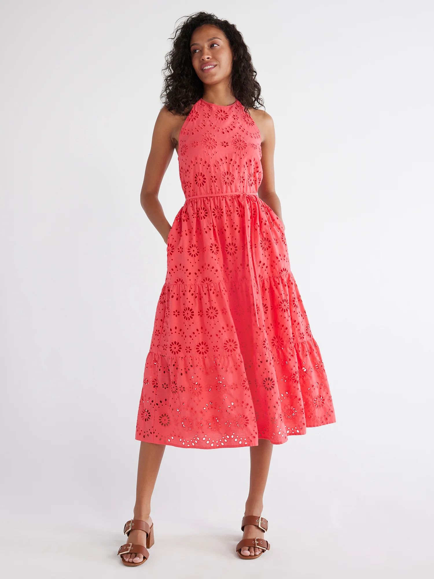 Time and Tru Women's Eyelet Halter Midi Dress with Tiered Skirt, Sizes XS-XXXL | Walmart (US)