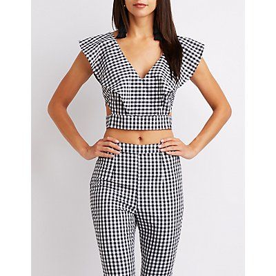 Gingham Ruffle Cut-Out Crop Top | Charlotte Russe