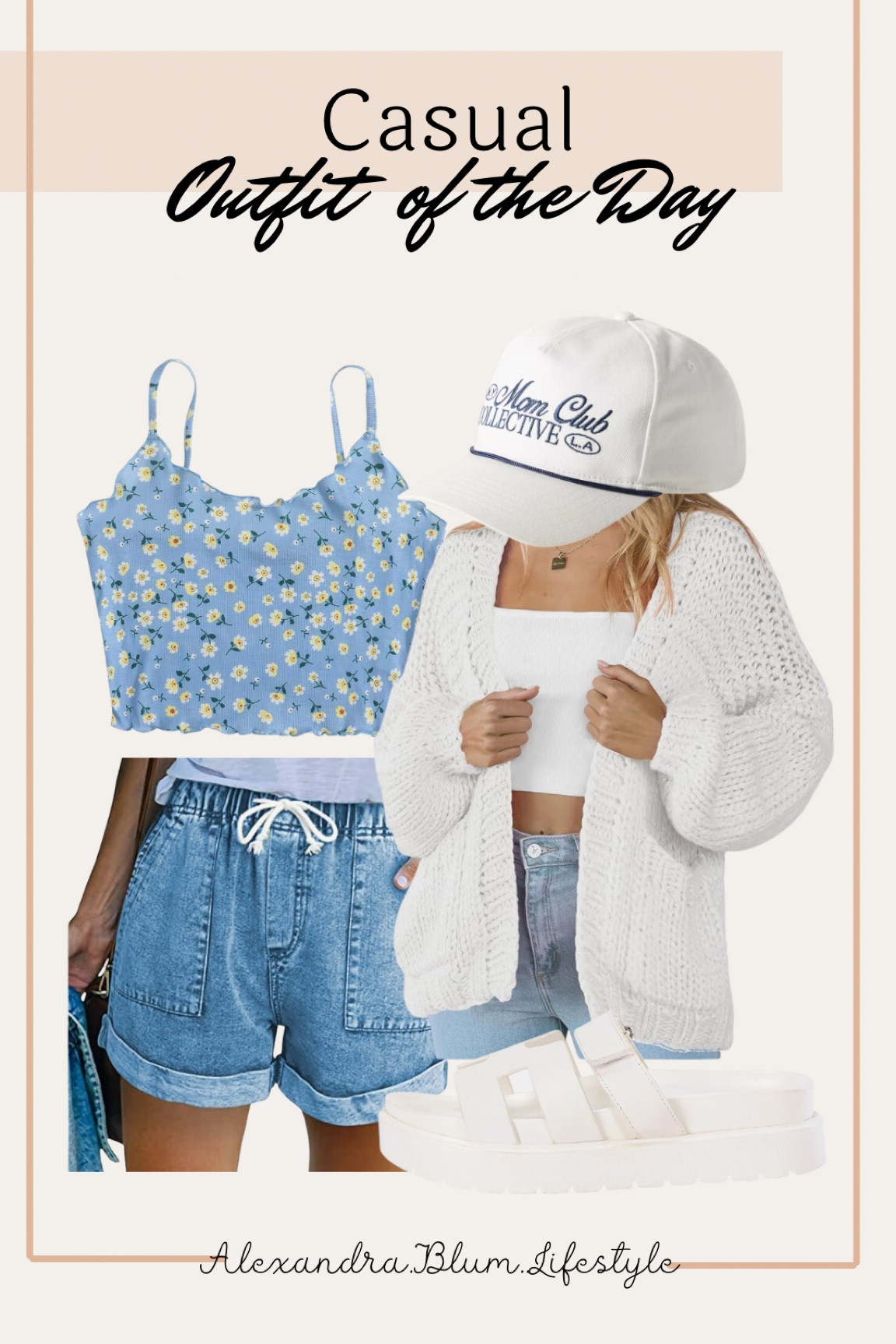 Casual outfit ideas from Amazon! Elastic waist jean shorts, white slide sandals, tank top, white cardigan sweater, and baseball trucker hats! Summer outfit! Morning outfit! Stay at home outfit! Amazon fashion! Amazon finds! Amazon trends! 

#LTKStyleTip #LTKShoeCrush #LTKFindsUnder50