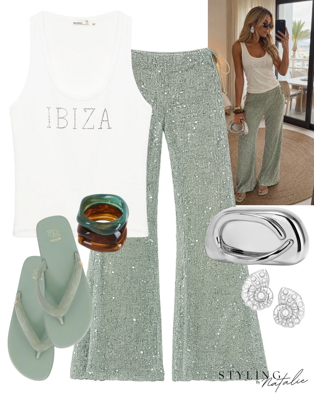 Summer sequins🧚🏼✨
Ibiza rhinestone slogan tank top, sea foam green net sequin trouser’s, sage sandals, chrome clutch, sea shell earrings and bangles. 


🏷️ vest tops sequin wide leg pants, beach wear, beach club, Saint Tropez, Mykonos style, holiday outfit, vacation outfit, summer outfit, resort wear @Pull & Bear @ASOS

#LTKsummer #LTKpartywear #LTKswimwear