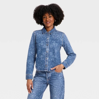 Womens's Long Sleeve Collared Easy Denim Shirt Bandana - Universal Thread™ Medium Wash L | Target