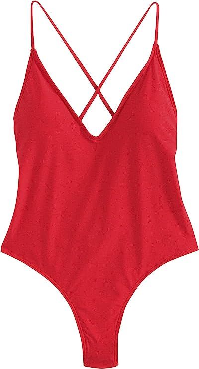 SweatyRocks Women's Sexy Bathing Suits Solid Color Criss Cross Open Back One Piece Swimwear | Amazon (US)