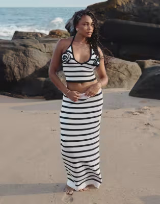 4th & Reckless x Loz Vassallo rico knitted stripe halter rose beach top co-ord in black and white | ASOS (Global)