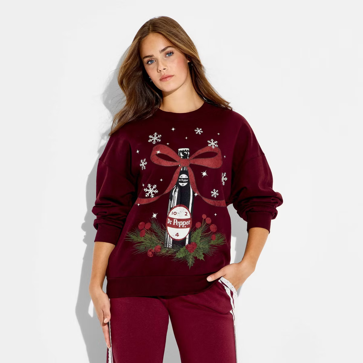 Women's Dr Pepper Bow Fleece Graphic Sweatshirt - Burgundy | Target