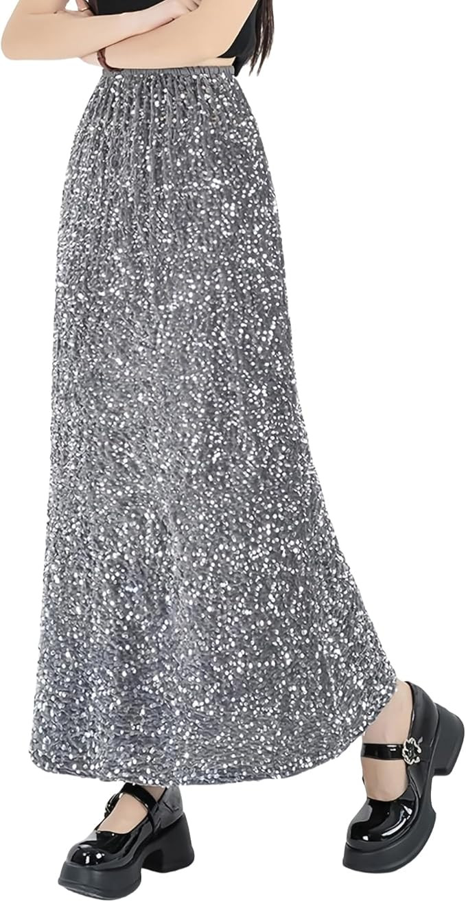 ADWAXDA Sparkly Skirt for Women, Elastic High Waist Sequin Maxi Skirt, Night Out Evening Party Co... | Amazon (US)