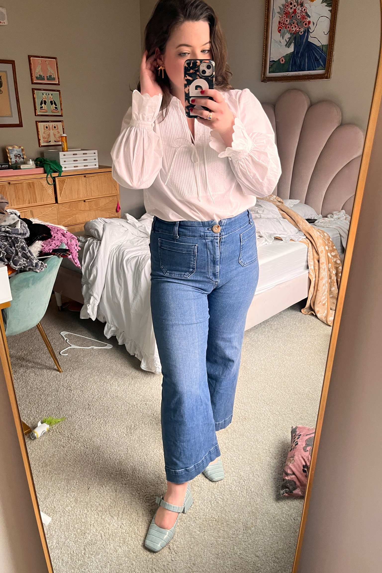 Scallop blouse, Colette jeans Anthropologie, bow earrings, blue Mary Janes 