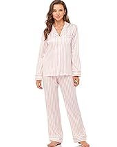 Serenedelicacy Women's Satin Pajama Set Long Sleeve Button Down Sleepwear 2-Piece Striped Silky Pj Set (Medium, Blush/Ivory, Stripe) | Amazon (US)