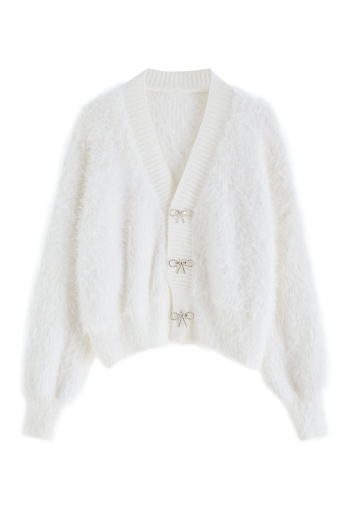 Bowknot Brooch Fuzzy Knit Cardigan in White | Chicwish
