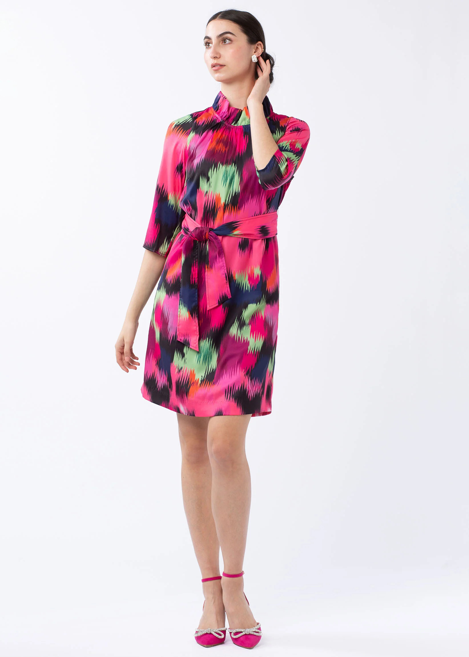CLAUDINE RUFFLE NECK DRESS IKAT ROSES | Abbey Glass
