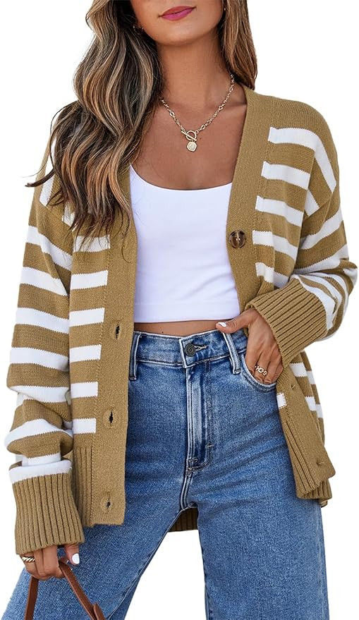 EVALESS Womens Striped Cardigan Sweaters Long Sleeve V Neck Lightweight Open Front Button Down Kn... | Amazon (US)