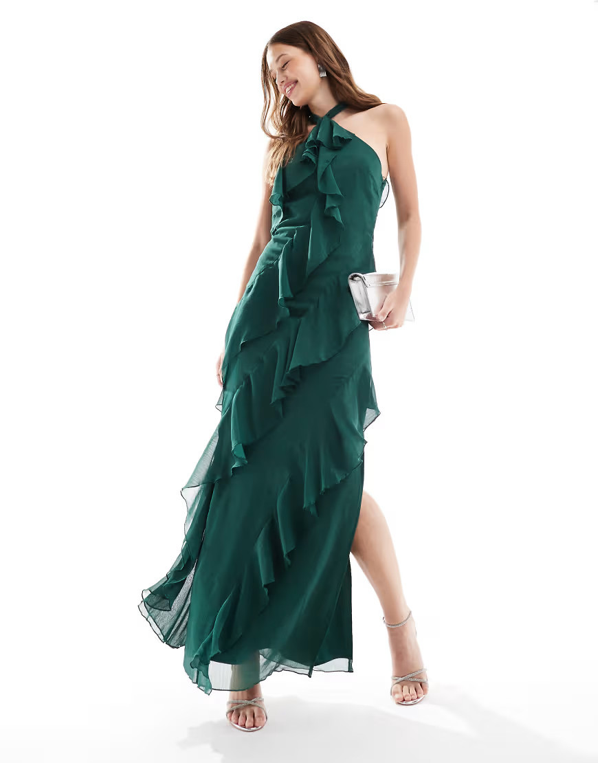 Pretty Lavish halter ruffle maxi dress in emerald green | ASOS (Global)