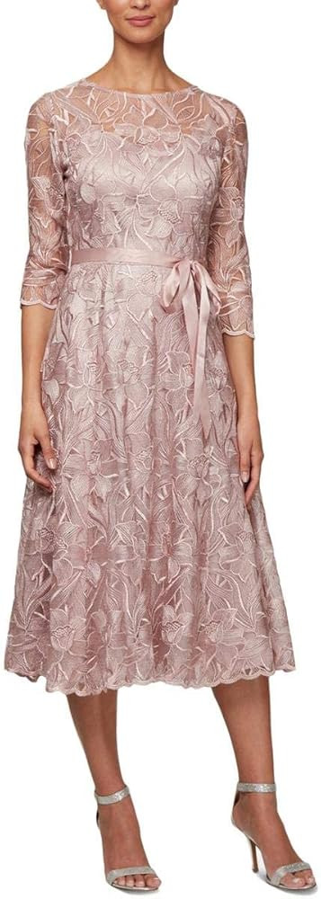 Alex Evenings Women's Tea Length Embroidered Dress Illusion Sleeves (Petite Missy) | Amazon (US)