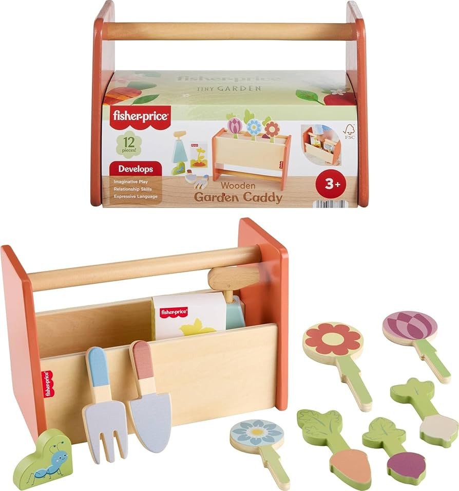 Fisher-Price Wood Pretend Play Toy Tiny Garden Caddy, 12-Piece Set with Wooden Tools & Plants for... | Amazon (US)