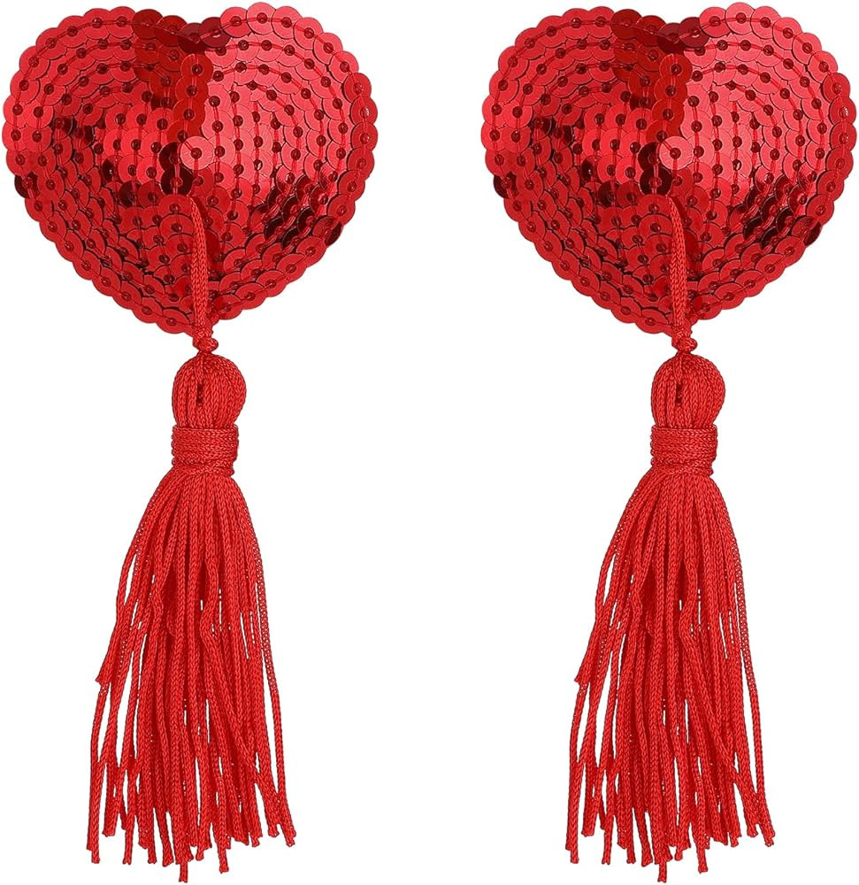 WLLHYF 1 Pair Women Reusable Breast Pasties, Heart-Shaped Breast Bra with Sequins Tassel Adhesive... | Amazon (US)