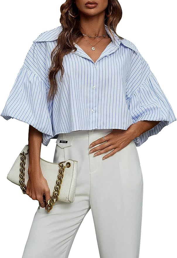Floerns Women's Striped Print Lantern Sleeve Button Front Shirt Blouse Top | Amazon (US)