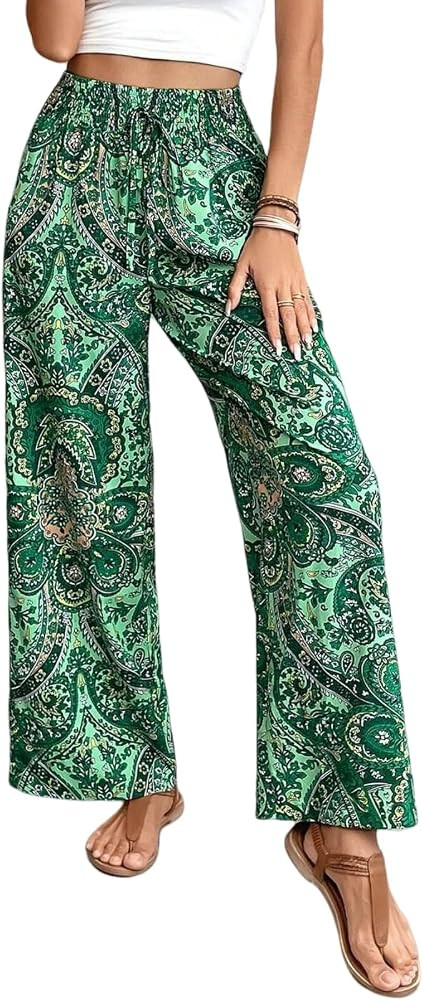 Paisley Flowy Flared Pants for Women Floral Print Pleated Elastic Waist Wide Leg Lounge Pants | Amazon (US)