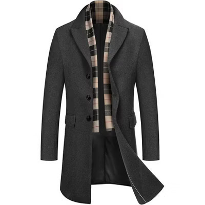 COOFANDY Men's Wool Blend Coat with Detachable Plaid Scarfs Notched Collar Single Breasted Pea Coat Trench Overcoat Grey XL | Target
