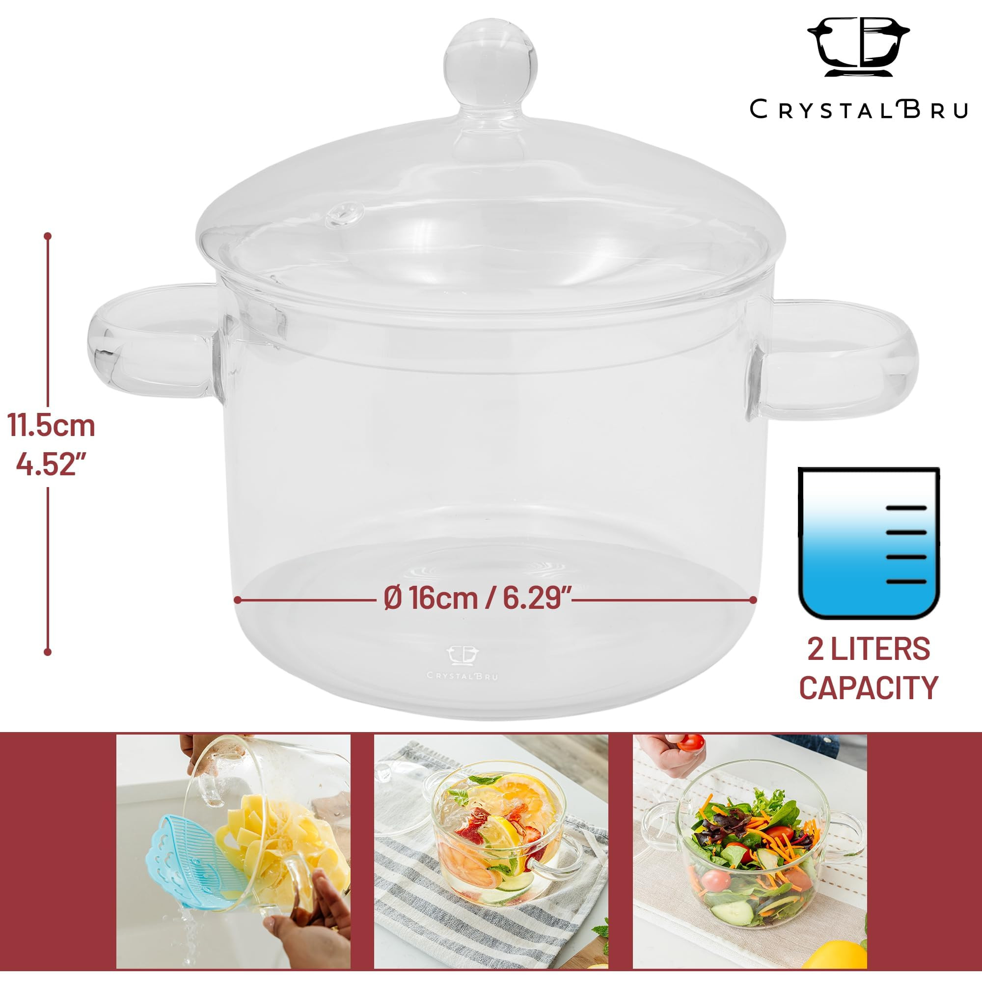 2L Clear Glass Simmer Pot with Lid & Strainer | Heat-Resistant Borosilicate Glass Pot for Pasta, ... | Amazon (US)
