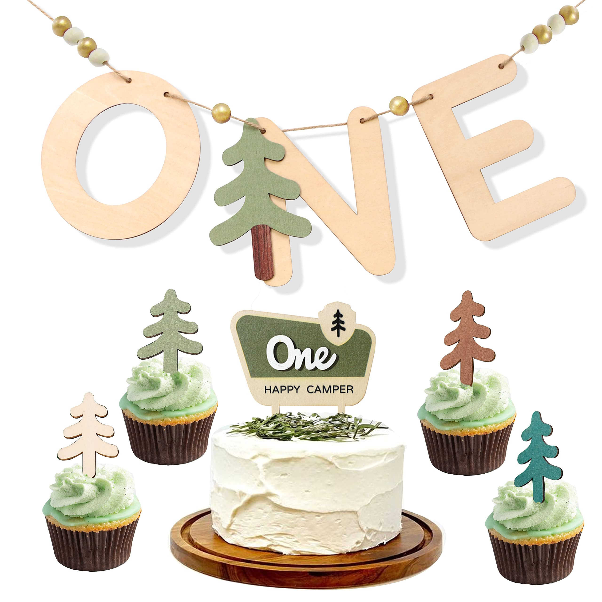One Happy Camper Wood Banner/Cupcake Topper Set - Camping Cake Topper, Woodland Birthday Party De... | Amazon (US)
