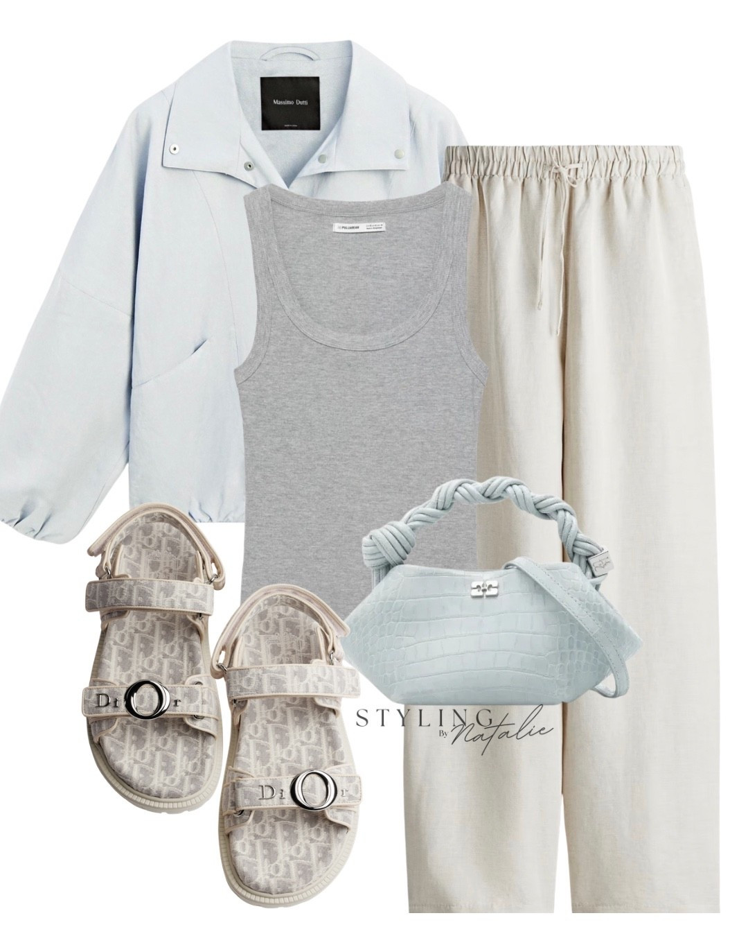 Baby blue windbreaker jacket, linen trousers, grey scoop neck ribbed vest and Dior sandals, drawstring trousers, lightweight jacket, comfy casual, everyday spring summer outfit

#LTKuk #LTKspring #LTKsummer