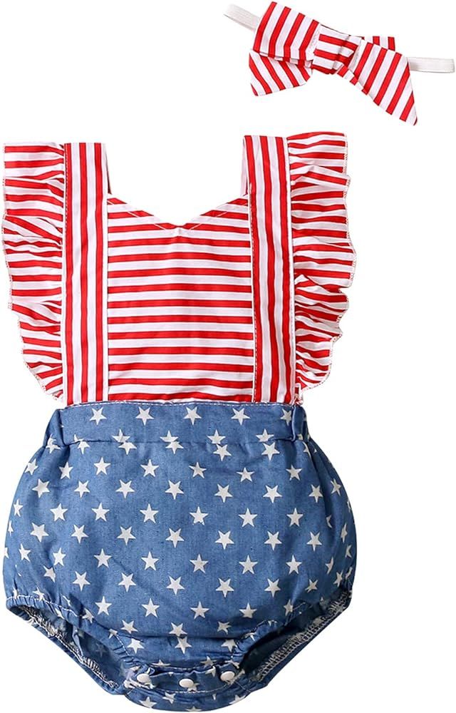 Shalofer Baby Girls 4th of July Outfits Toddler USA Flag Romper | Amazon (US)