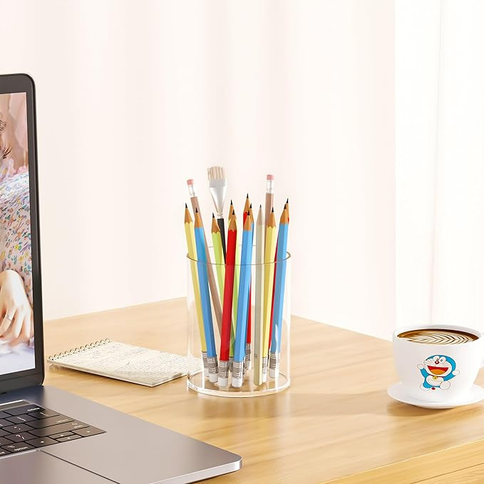 Clear Acrylic Pen Holder Round Shape, Desktop Pencil Cup Holder, Countertop Stationery Organizer ... | Amazon (US)
