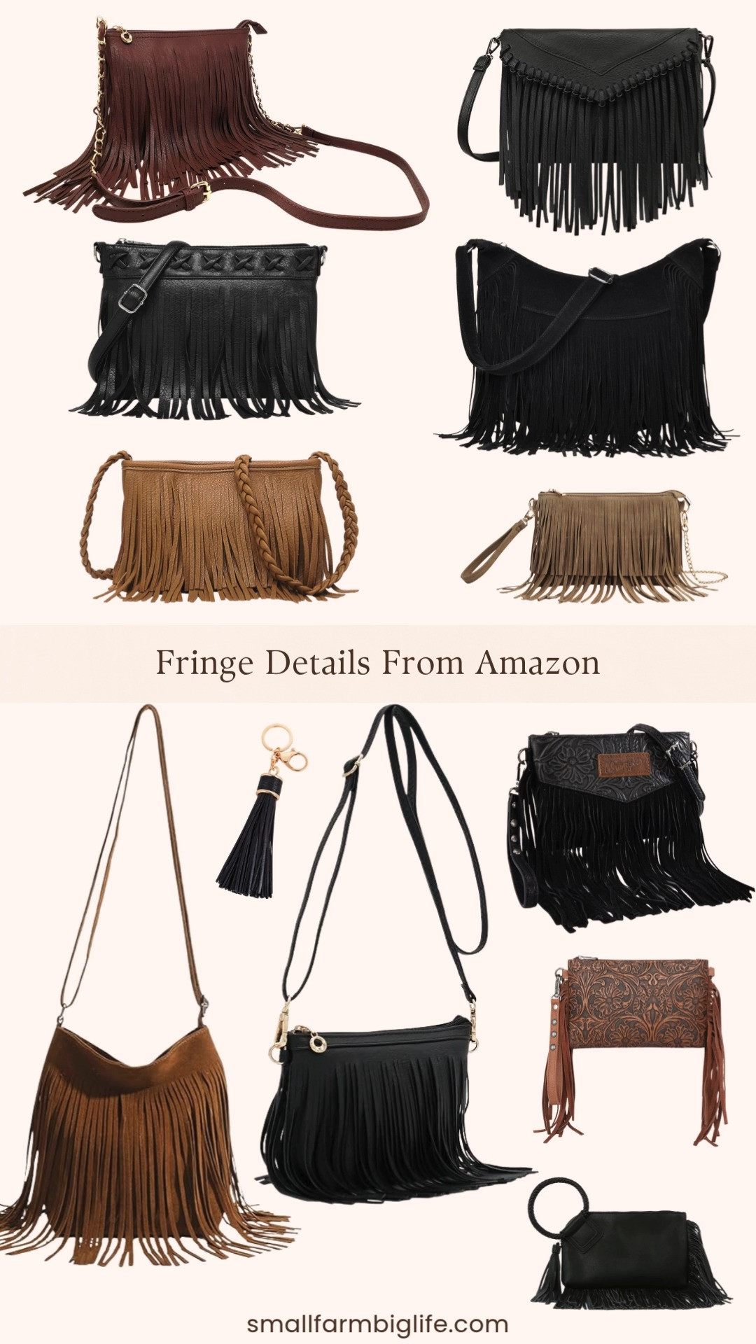 Fringe details are everywhere right now, and Amazon has so many great western and boho inspired options to shop. This roundup is full of fringe crossbody bags perfect for adding a little movement and texture to any outfit.
I am loving the cognac OYOANGLE fringe hippie western crossbody and the black HDE fringe hobo purse for that classic vintage western look. The black and light brown boho fringe crossbody bags are both such easy everyday options, and the tan HOXIS fringe wristlet is perfect for a night out.
For a more polished cowgirl look, the black Wrangler fringe wristlet and the brown Montana West western wristlet clutch are great picks. I am also loving the black vegan leather evening clutch wristlet for a dressier occasion, and the black and gold leather tassel keychain is such a fun small detail to add to any bag.
Shop all of my favorite fringe details from Amazon linked in this post. 

 #LTKgrwm #LTKootd #LTKOver40