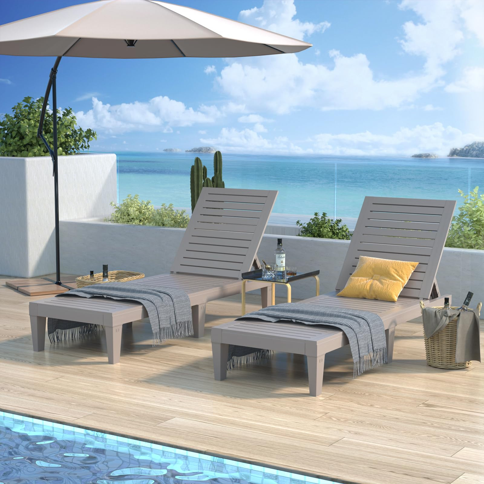 Outdoor Chaise Lounge Chair Set of 2 for Poolside Patio, Water-Resistant Tanning Chair Recliner with Adjustable Backrest, Resin Sun Lounger for Outside Deck, Pool, Beach, Sunbathing, Taupe | Amazon (US)