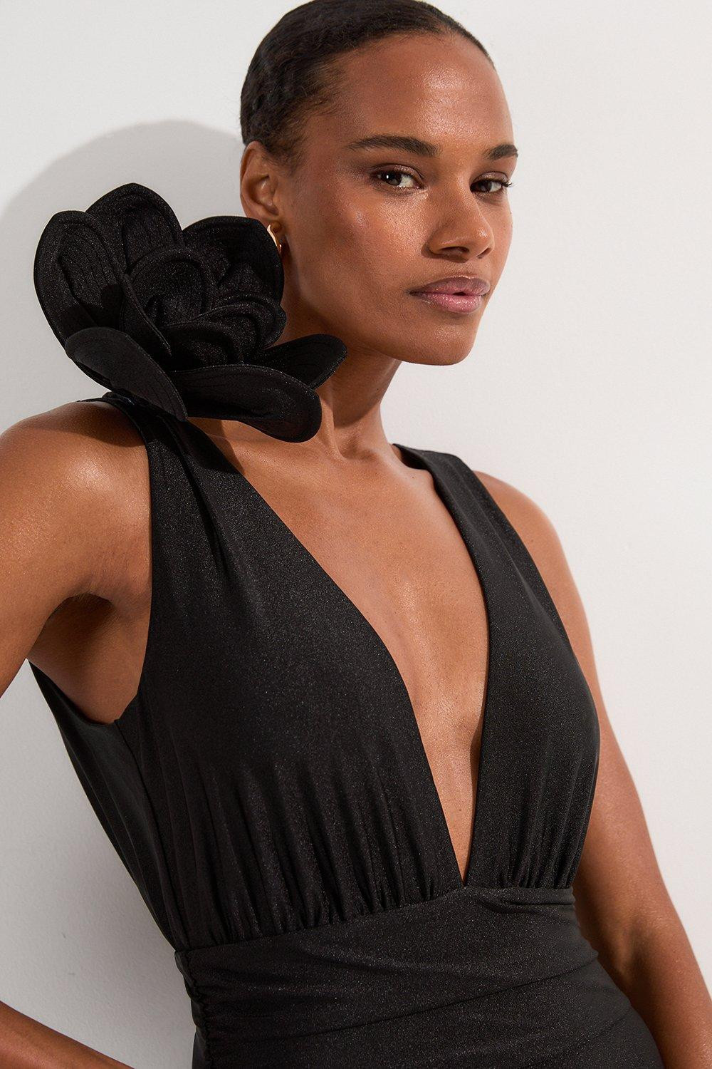 Flower Corsage Plunge Swimsuit | Karen Millen UK + IE + DE + NL