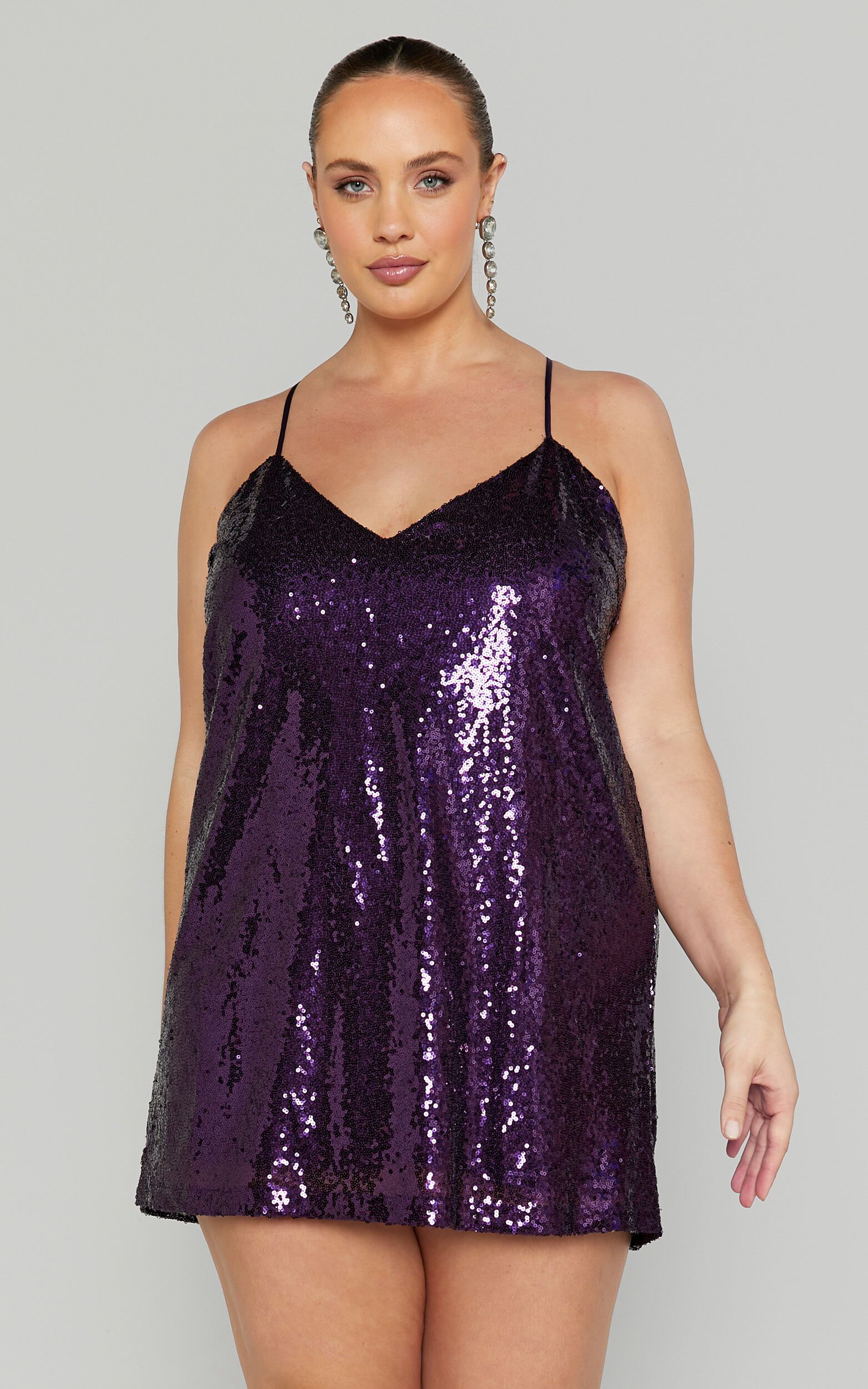 Delilaah Mini Dress - Strappy V Neck Slip Sequin Dress in Purple Sequins | Showpo (US, UK & Europe)