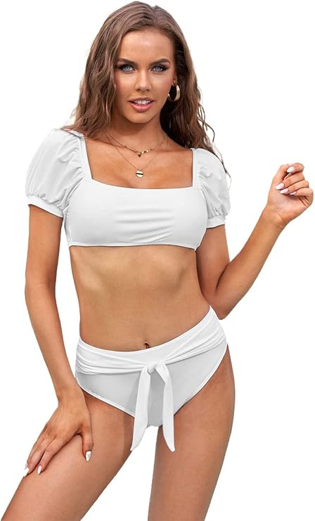 Meufam Women's Sexy High Waist Bikini Sets Solid Color Tie Knot Tummy Control Swimwear 2 Piece Sw... | Amazon (US)