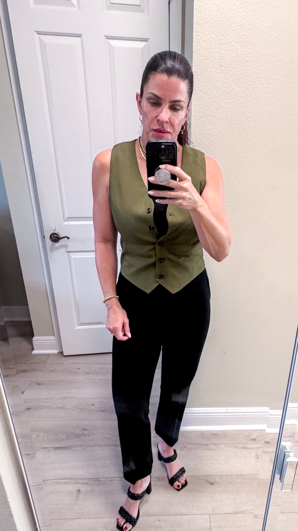 Open House Sunday can be professional but still comfy! Love a nice kick flare stretchy pant that holds you in all the right places. It’s still warm here so a cute olive colored vest with a bodysuit tank to layer. Pieces are easily mixed and matched so great staples. On SALE too ❤️#LTKshopmystyle #spanxpartner #spanx #LTKgenx

#LTKWorkwear